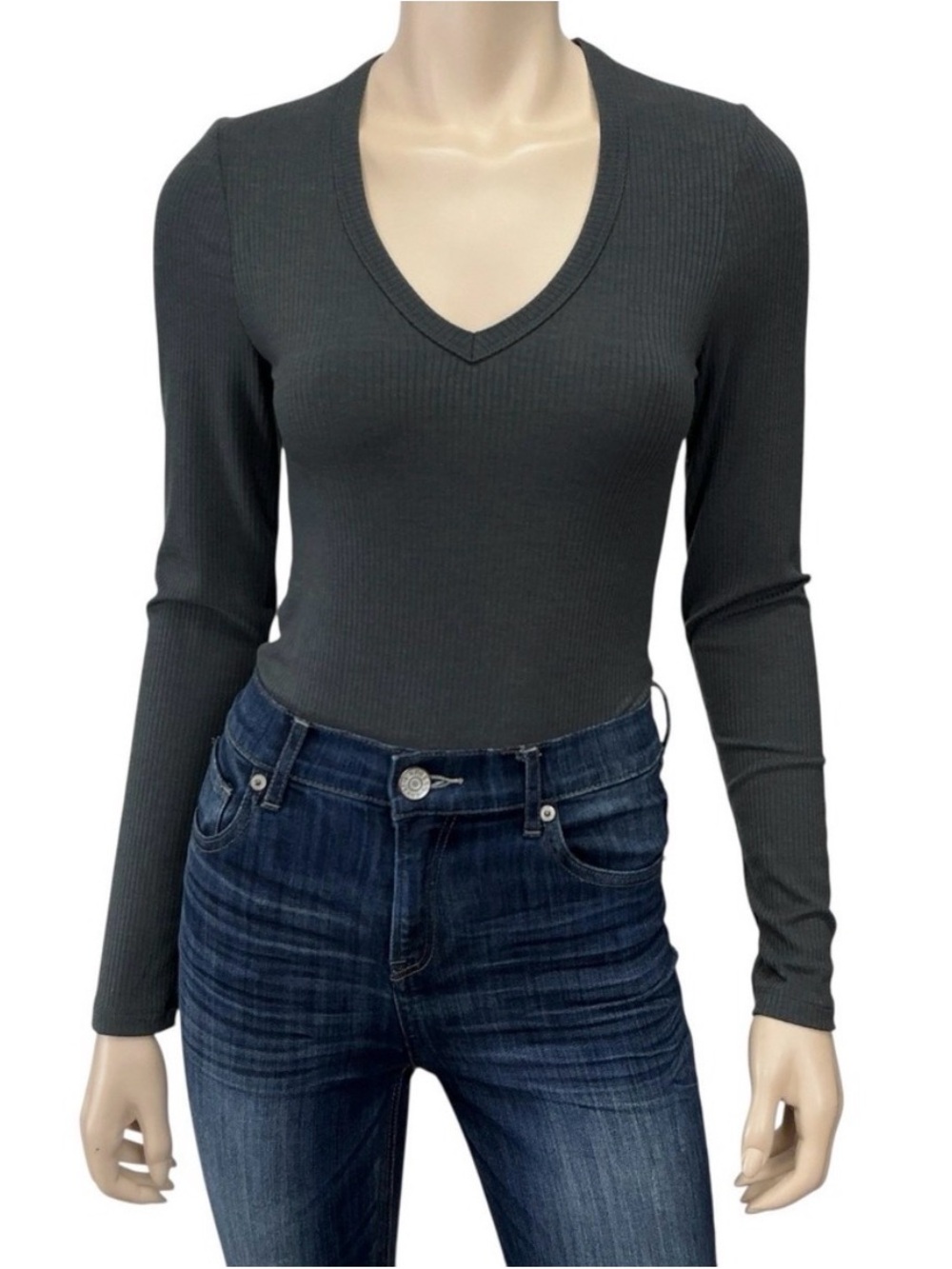 Anthropologie DREW Ribbed Long Sleeve Bodysuit Charcoal Gray women’s M $172